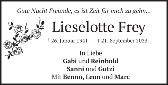 Todesanzeige von Lieselotte Frey von merkurtz