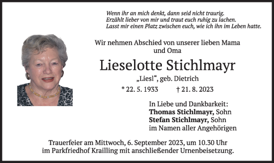 Todesanzeige von Lieselotte Stichlmayr von merkurtz