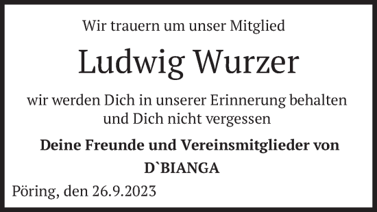 Todesanzeige von Ludwig Wurzer von merkurtz