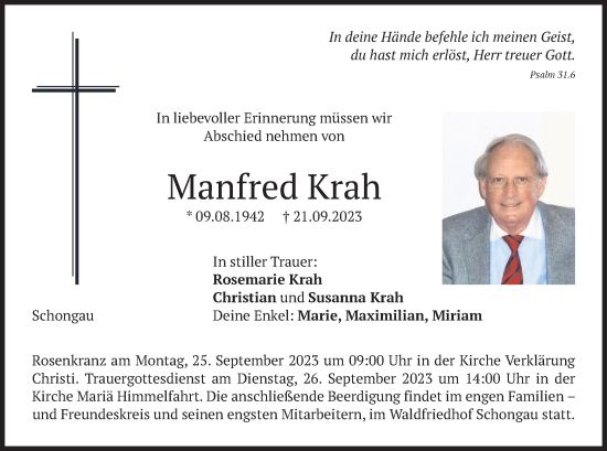 Todesanzeige von Manfred Krah von merkurtz