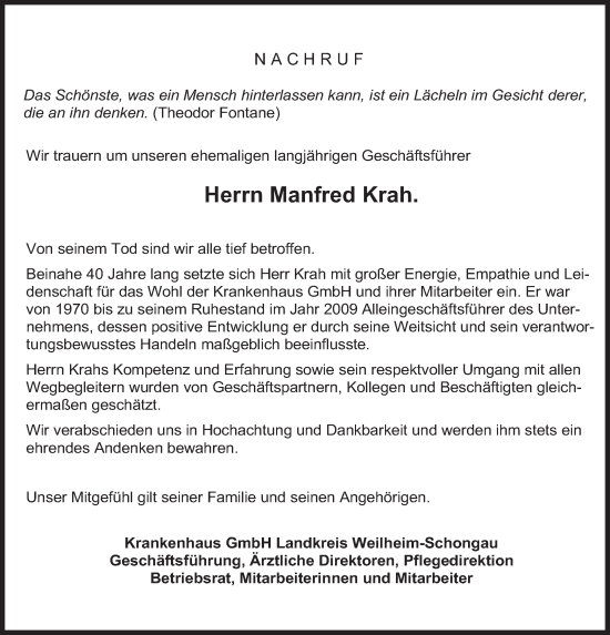Todesanzeige von Manfred Krah von merkurtz