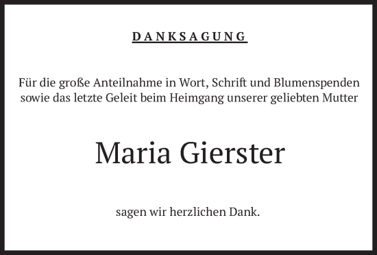 Todesanzeige von Maria Gierster von merkurtz