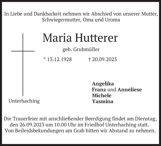 Todesanzeige von Maria Hutterer von merkurtz