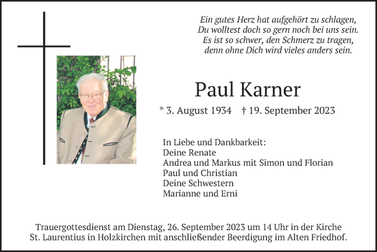 Todesanzeige von Paul Karner von merkurtz