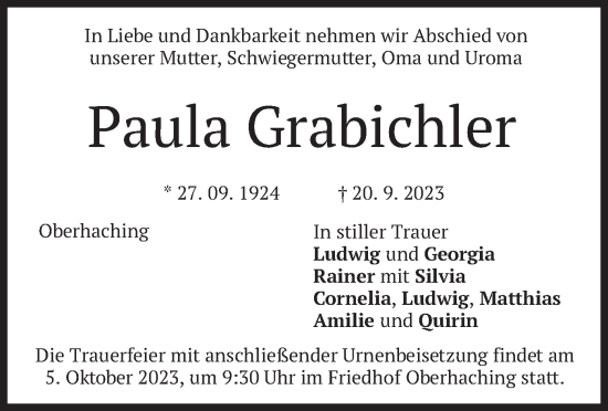 Todesanzeige von Paula Grabichler von merkurtz