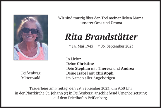 Todesanzeige von Rita Brandstätter von merkurtz