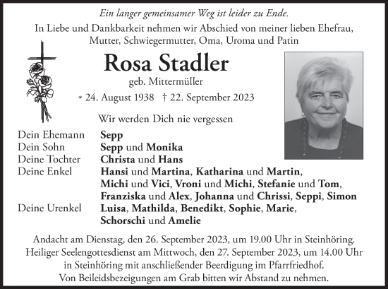 Todesanzeige von Rosa Stadler von merkurtz
