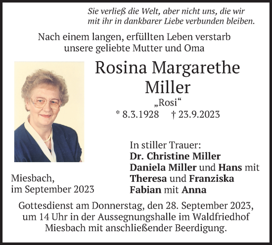 Todesanzeige von Rosina Margarethe Miller von merkurtz