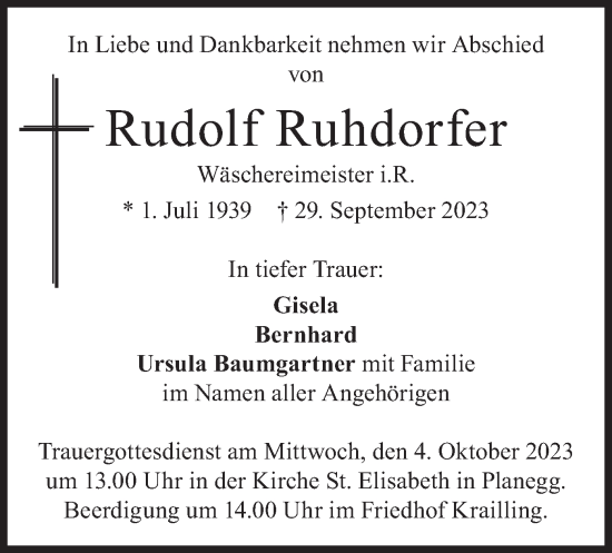 Todesanzeige von Rudolf Ruhdorfer von merkurtz