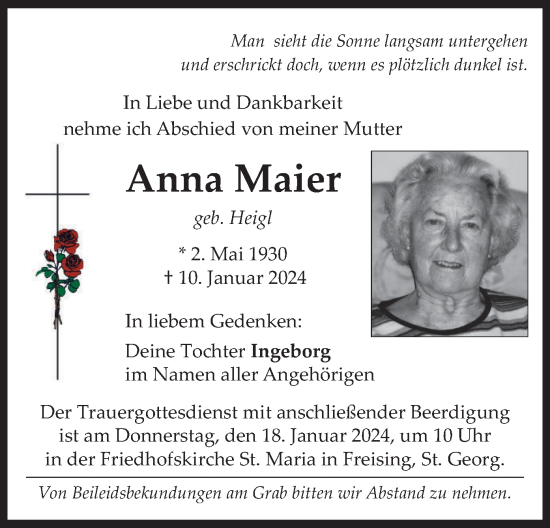 Todesanzeige von Anna Maier von merkurtz