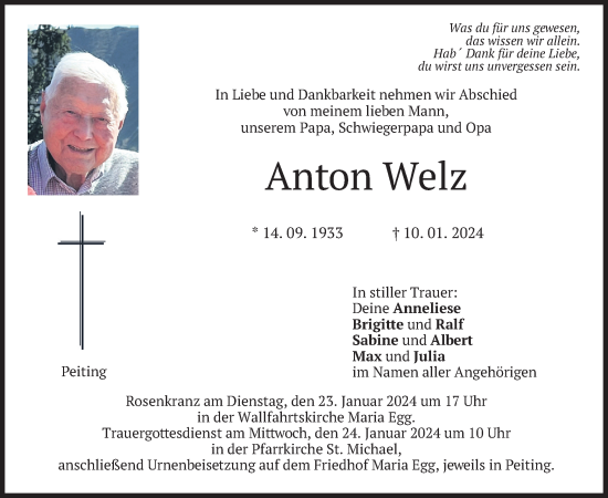 Todesanzeige von Anton Welz von merkurtz