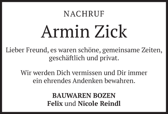 Todesanzeige von Armin Zick von merkurtz