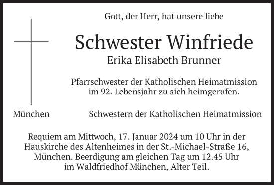 Todesanzeige von Erika Elisabeth Brunner von merkurtz