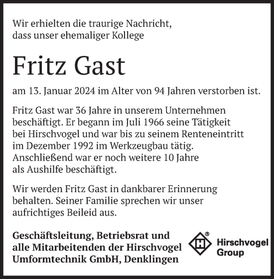 Todesanzeige von Fritz Gast von merkurtz
