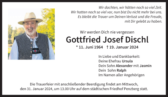 Todesanzeige von Gottfried Josef Dischl von Das Gelbe Blatt Penzberg