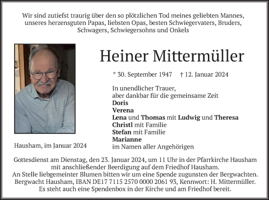 Todesanzeige von Heiner Mittermüller von merkurtz