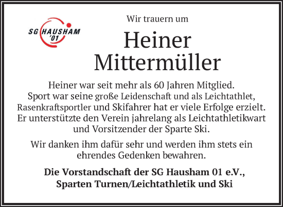 Todesanzeige von Heiner Mittermüller von merkurtz