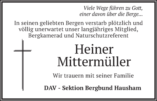 Todesanzeige von Heiner Mittermüller von merkurtz