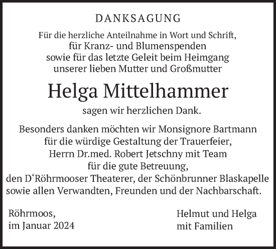 Todesanzeige von Helga Mittelhammer von merkurtz