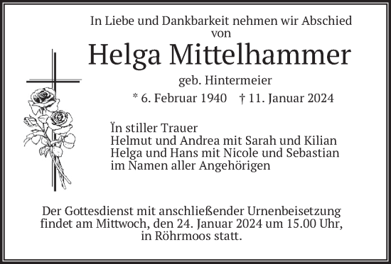 Todesanzeige von Helga Mittelhammer von merkurtz