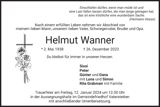 Todesanzeige von Helmut Wanner von merkurtz