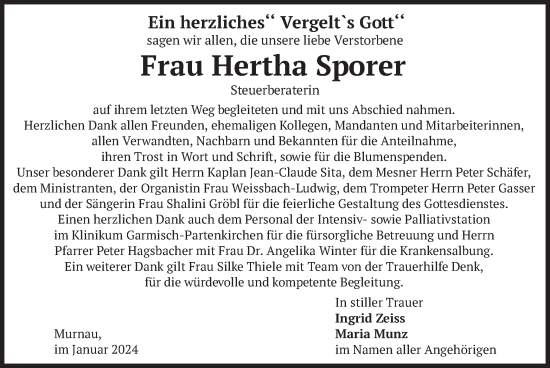 Todesanzeige von Hertha Sporer von merkurtz