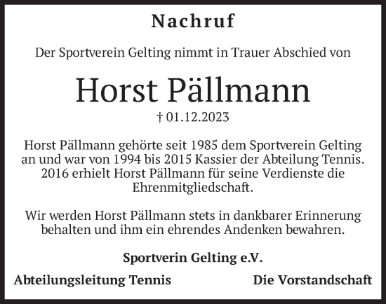 Todesanzeige von Horst Pällmann von merkurtz