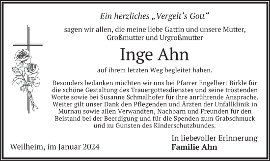 Todesanzeige von Inge Ahn von merkurtz