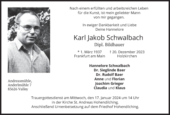Todesanzeige von Karl Jakob Schwalbach von merkurtz