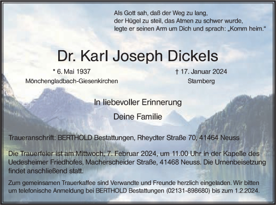 Todesanzeige von Karl Joseph Dickeis von merkurtz