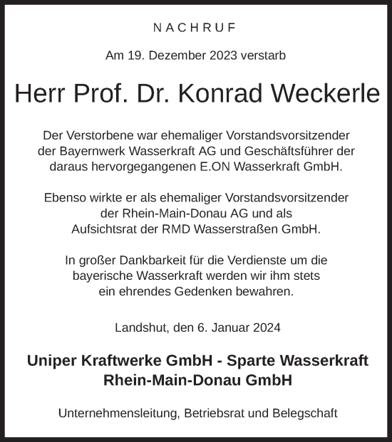 Todesanzeige von Konrad Weckerle von merkurtz