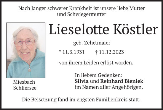 Todesanzeige von Lieselotte Köstler von merkurtz