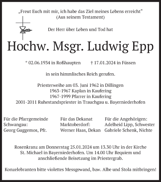 Todesanzeige von Ludwig Epp von merkurtz