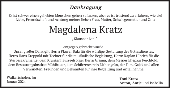 Todesanzeige von Magdalena Kratz von merkurtz