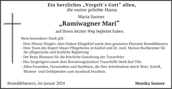 Todesanzeige von Maria Sanner von merkurtz