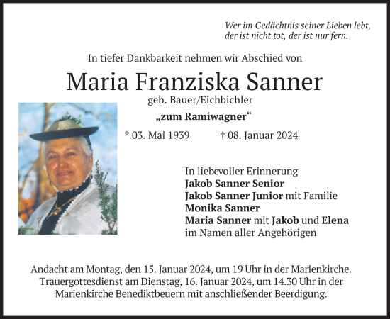 Todesanzeige von Maria Franziska Sanner von merkurtz