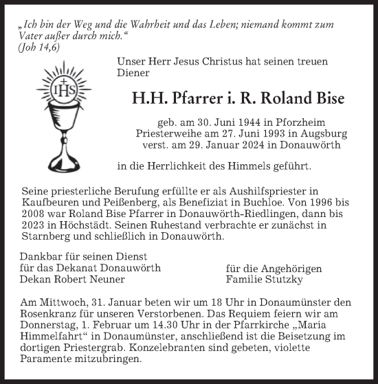 Todesanzeige von Roland Bise von merkurtz