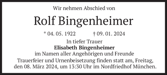 Todesanzeige von Rolf Bingenheimer von merkurtz