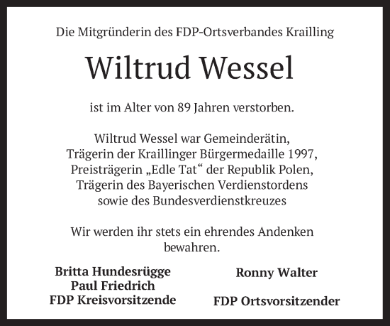 Todesanzeige von Wiltrud Wessel von merkurtz