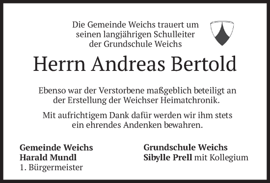 Todesanzeige von Andreas Bertold von merkurtz