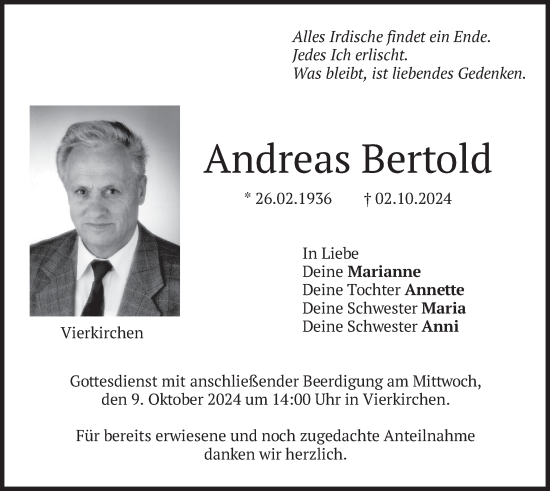 Todesanzeige von Andreas Bertold von merkurtz