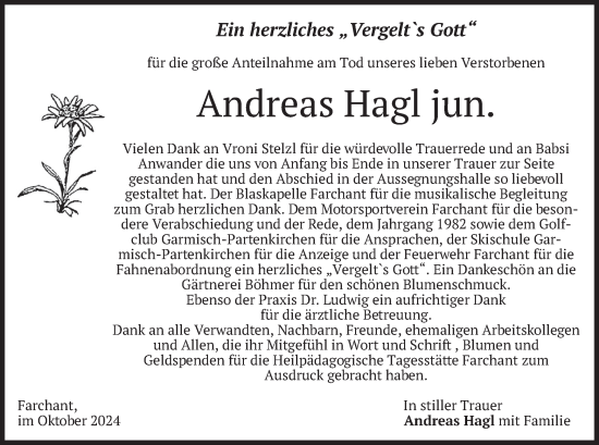 Todesanzeige von Andreas Hagl von merkurtz