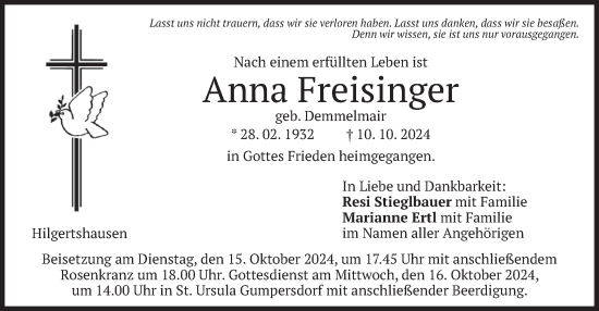 Todesanzeige von Anna Freisinger von merkurtz