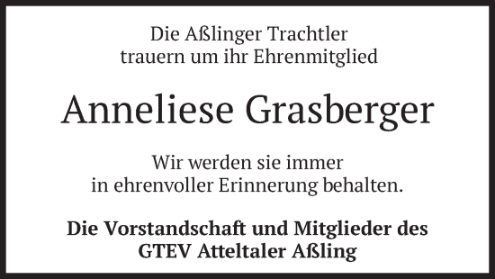 Todesanzeige von Anneliese Grasberger von merkurtz