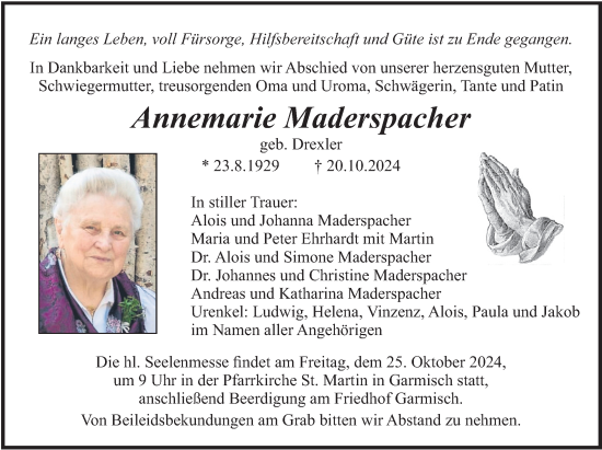 Todesanzeige von Annemarie Maderspacher von merkurtz