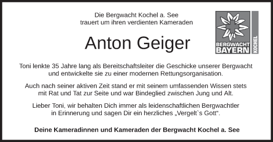 Todesanzeige von Anton Geiger von merkurtz