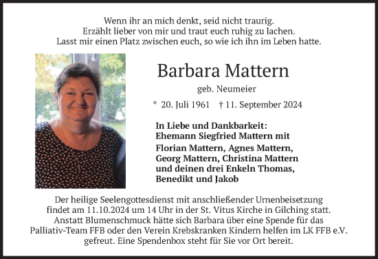 Todesanzeige von Barbara Mattem von merkurtz