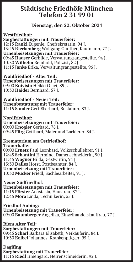Todesanzeige von Beerdigungen vom 22.10.2024 von merkurtz