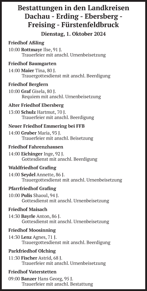 Todesanzeige von Bestattungen vom 01.10.2024 von merkurtz