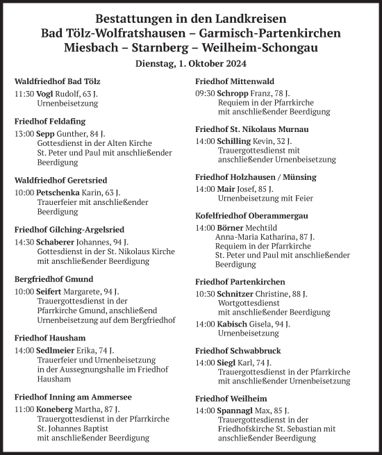 Todesanzeige von Bestattungen vom 01.10.2024 von merkurtz